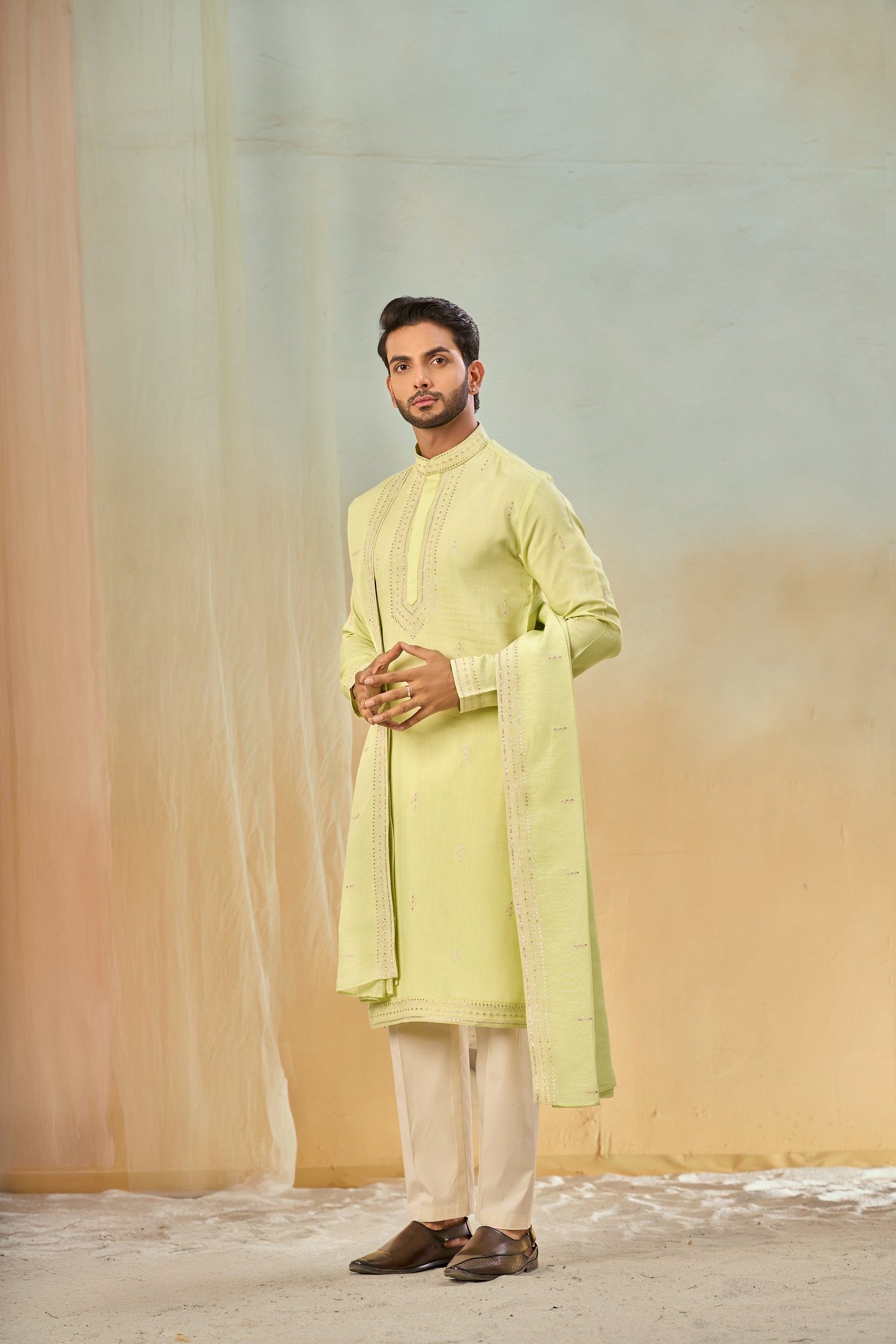 Light Pista Tone-on-Tone Embroidery Kurta, Stole with Off-White Pant