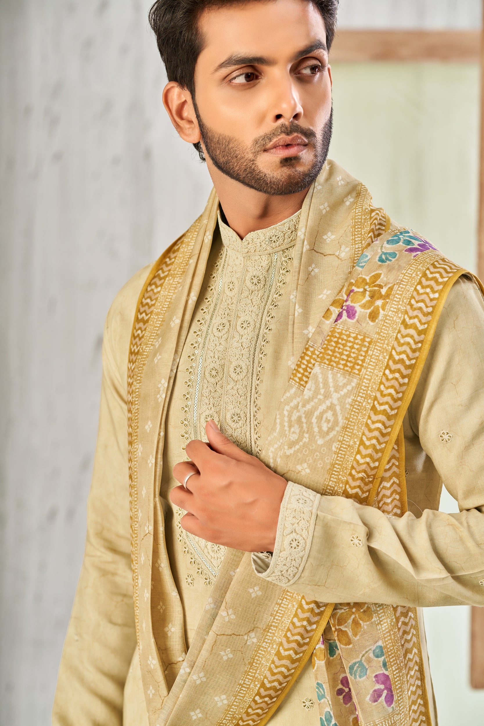 Bisque Floral Self-Toned Cord Embroidery and Sequins Kurta, Stole with Off-White Pant