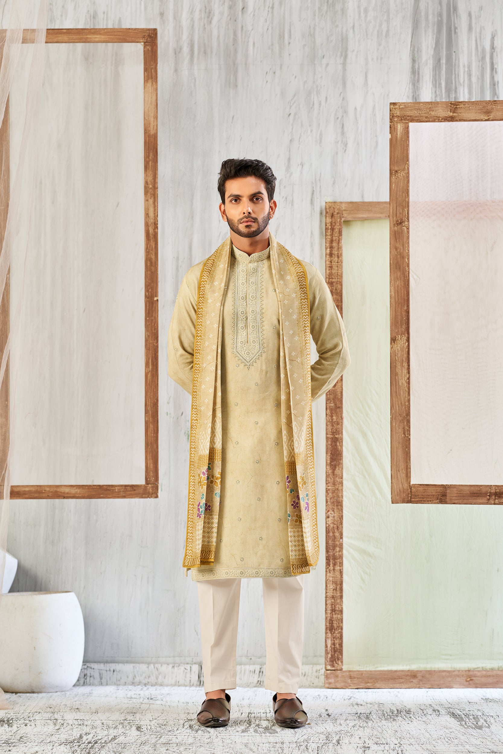 Bisque Floral Self-Toned Cord Embroidery and Sequins Kurta, Stole with Off-White Pant
