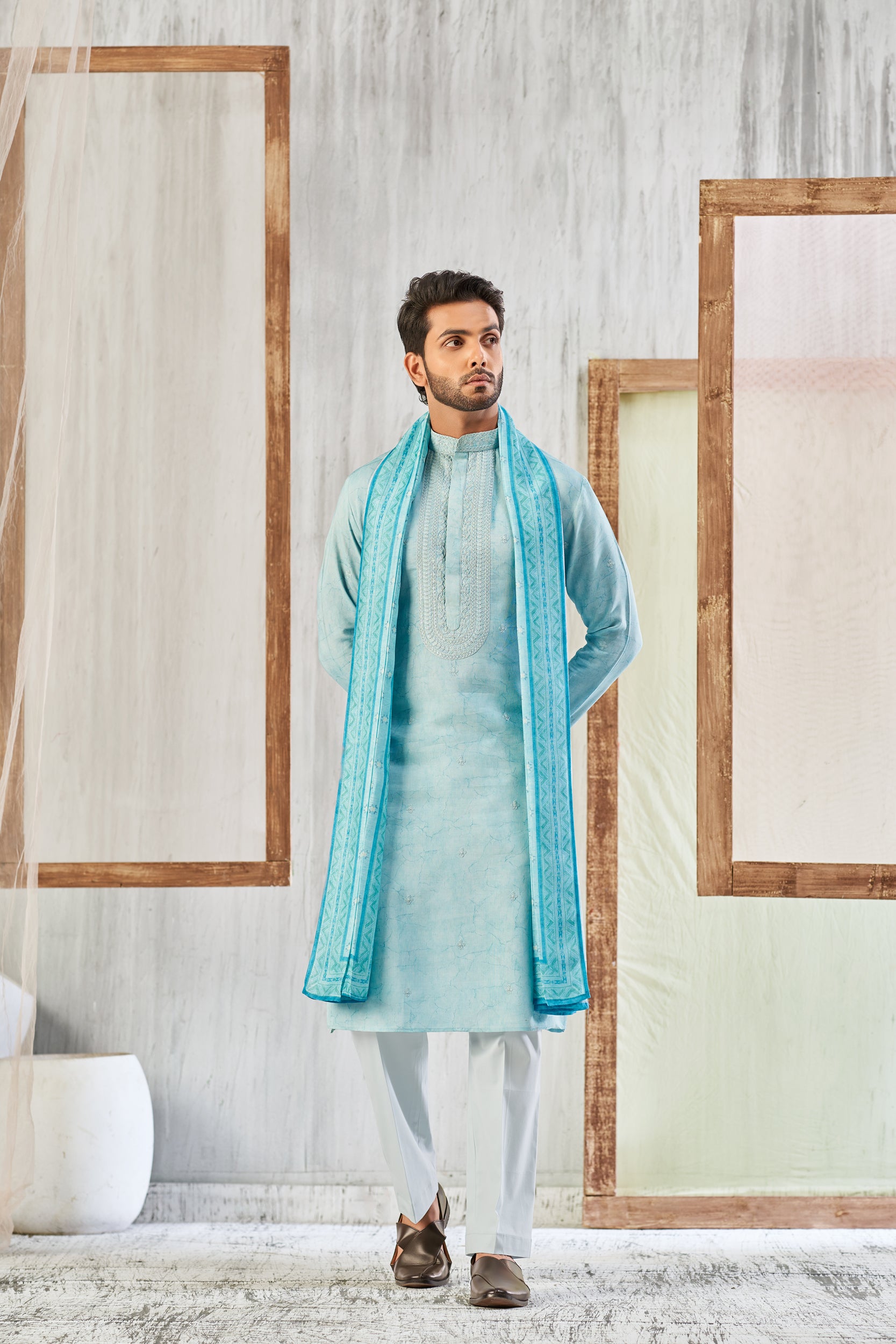 Blizzard Blue Vines Garden Self-Toned Cord Embroidery Kurta, Stole with Off-White Pant