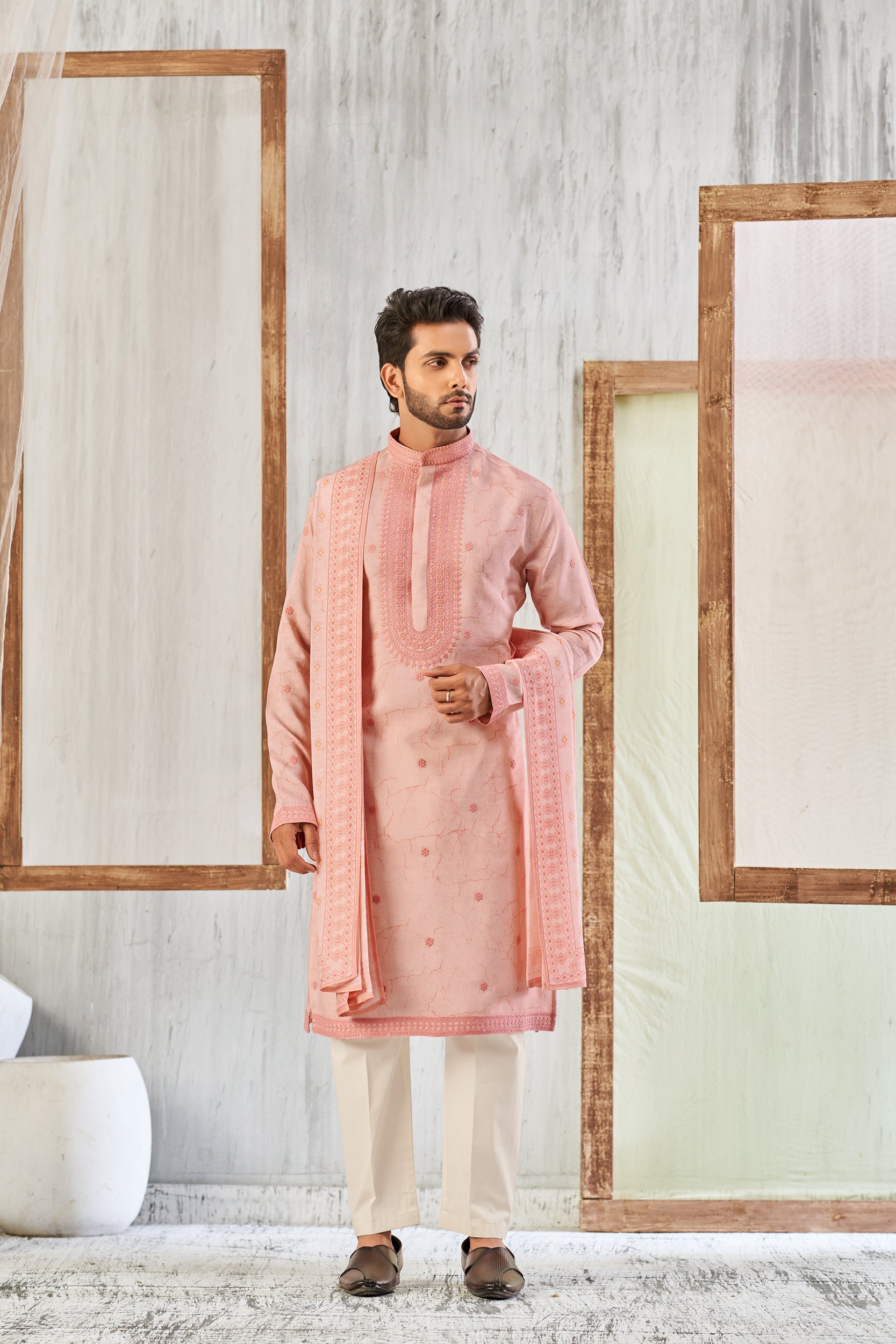 Salmon Pink Vines Garden Self-Toned Cord Embroidery Kurta, Stole with Off-White Pant