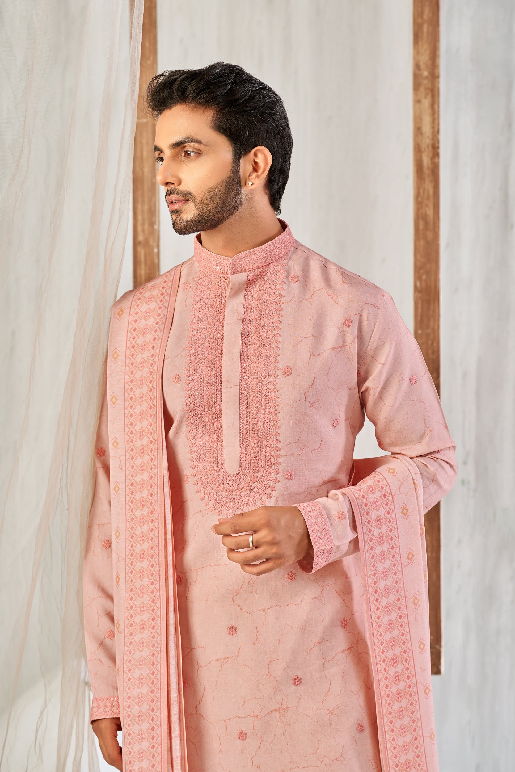 Salmon Pink Vines Garden Self-Toned Cord Embroidery Kurta, Stole with Off-White Pant