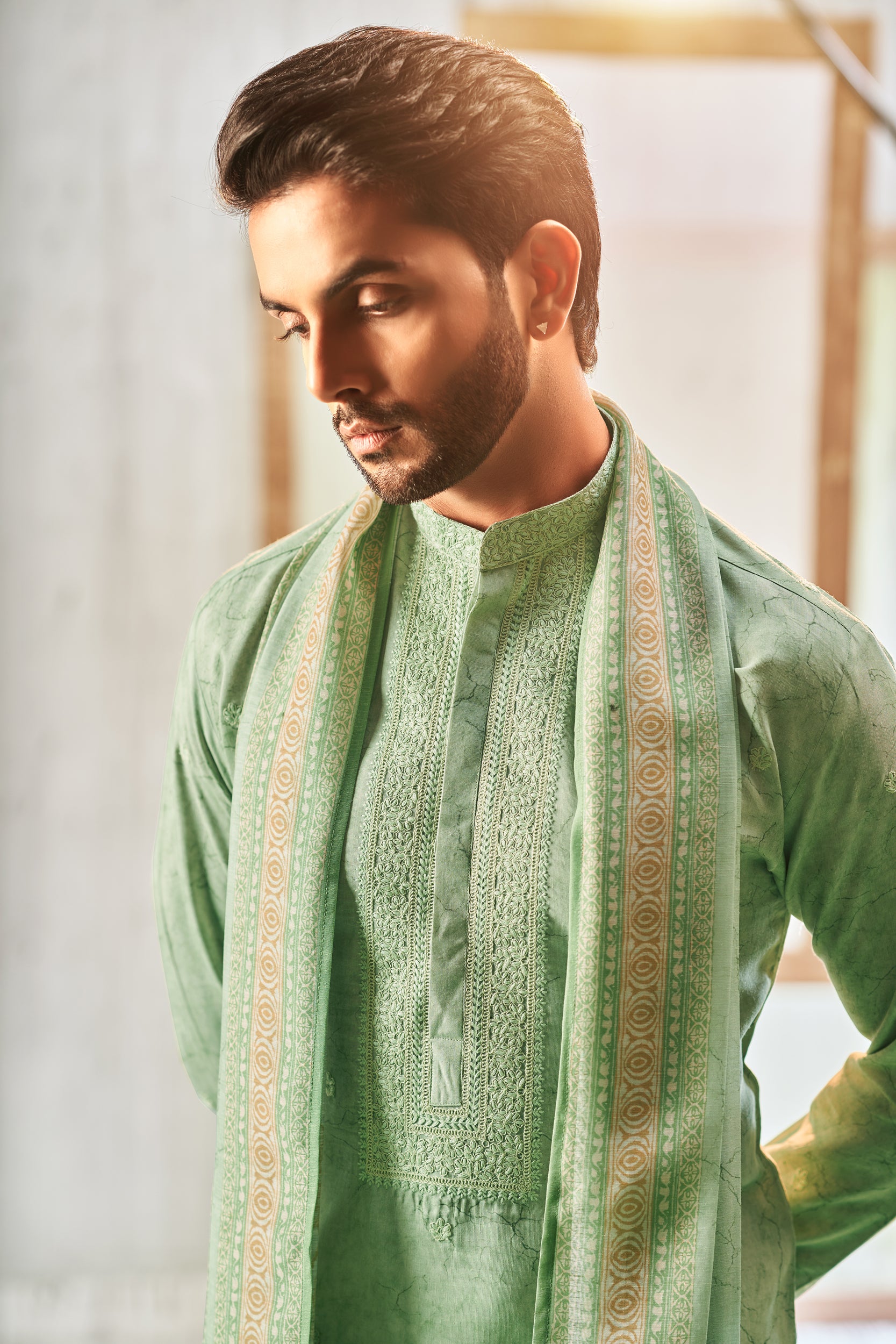 Ming Green Vines Garden Self-Toned Cord Embroidery Kurta, Stole with Off-White Pant