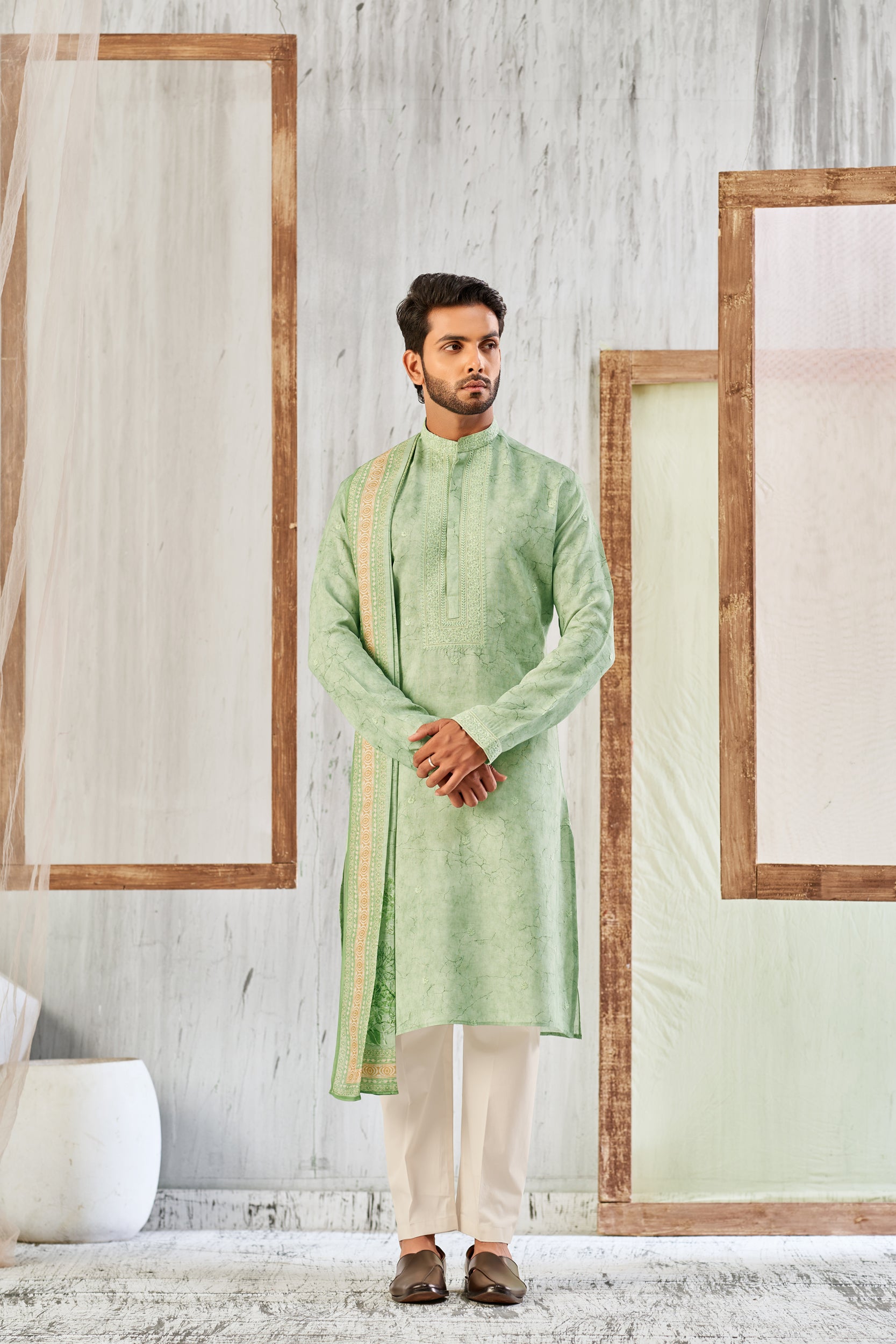 Ming Green Vines Garden Self-Toned Cord Embroidery Kurta, Stole with Off-White Pant