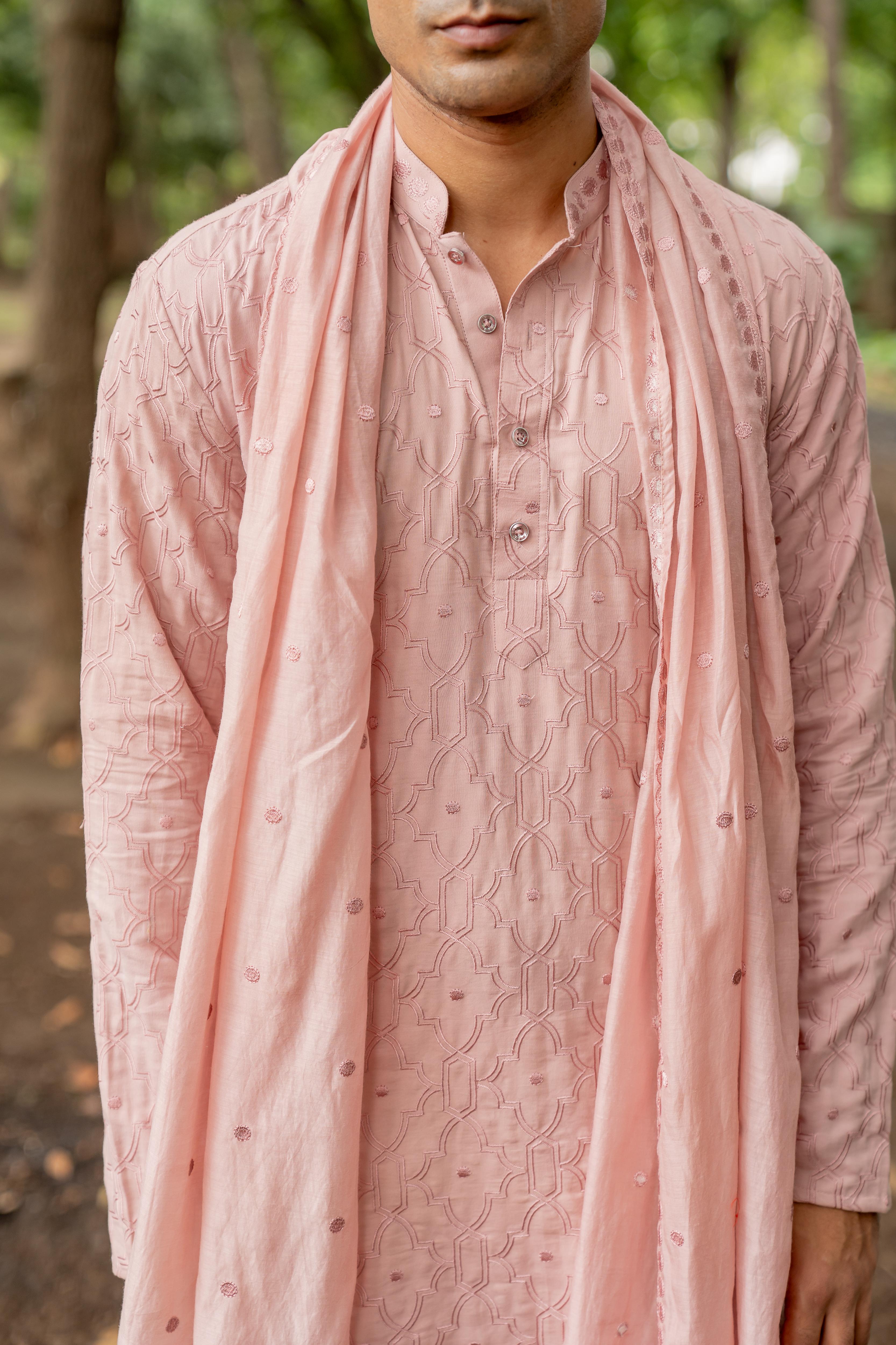 Pink Embroidered Kurta, Stole with Off White Pants